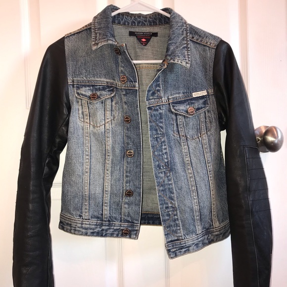 Vintage denim jacket with leather sleeves - Picture 2 of 7